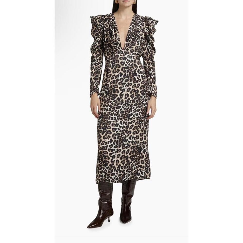 New Farm Rio Leopard V-Neck Midi-Dress In Natural Cream Size M $230 - Picture 3 of 14